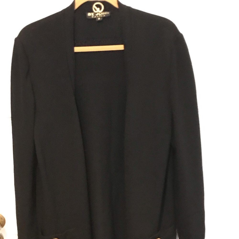 St. John Basics Long Open Front Cardigan sz Medium Black Santana Knit Pockets